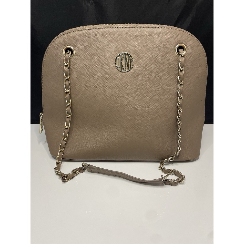 DKNY Shoulder Bag Women's Beige Pebble Leather Chain Strap Zip Designer Business